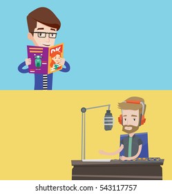Two media banners with space for text. Vector flat design. Horizontal layout. Caucasian man reading a magazine. Young man standing with magazine in hands. Happy man reading good news in a magazine.