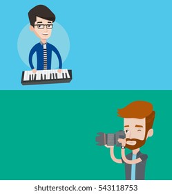 Two media banners with space for text. Vector flat design. Horizontal layout. Musician playing piano. Pianist playing upright piano. Young artist playing on piano. Young photographer taking a photo.