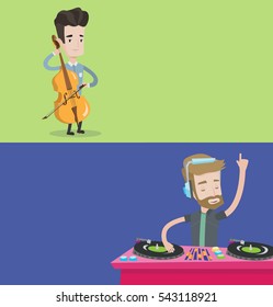 Dos banners multimedia con espacio para el texto. Diseño plano vectorial. Diseño horizontal. Hombre tocando cello. Celelista tocando música clásica en cello. Músico con violonchelo y arco. DJ mezclando música en mesas redondas.