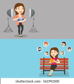 Two media banners with space for text. Vector flat design. Horizontal layout. Photographer holding camera in photo studio. Photographer using professional camera in studio. Young woman taking a photo.