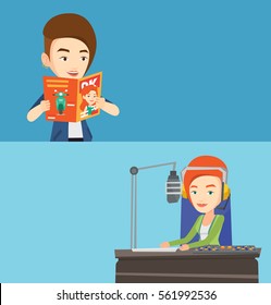 Two media banners with space for text. Vector flat design. Horizontal layout. Caucasian woman reading a magazine. Young woman standing with magazine in hands. Woman reading good news in a magazine.