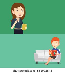 Two media banners with space for text. Vector flat design. Horizontal layout. Journalist writing notes in the notepad. Journalist writing in notebook with pencil. Journalist writing notes with pencil.