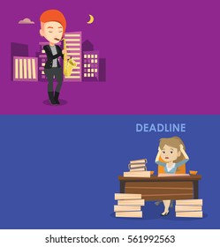 Two media banners with space for text. Vector flat design. Horizontal layout. Woman playing on saxophone. Woman with closed eyes playing on saxophone in night. Musician with saxophone in the street.