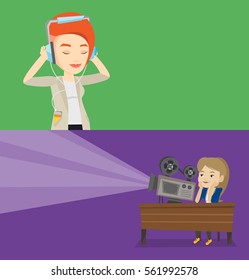 Two media banners with space for text. Vector flat design. Horizontal layout. Woman listening to music on her smartphone. Woman in headphones listening to music. Woman with eyes closed enjoying music.