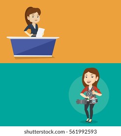 Two media banners with space for text. Vector flat design. Horizontal layout. Television anchorwoman reporting tv news at studio. Caucasian television announcer at studio during live broadcasting.