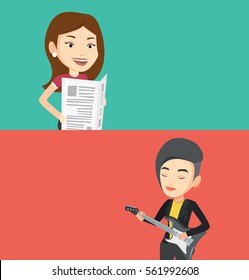 Two media banners with space for text. Vector flat design. Horizontal layout. Woman reading the newspaper. Young smiling woman reading good news in newspaper. Woman standing with newspaper in hands.