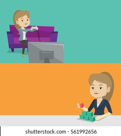 Two media banners with space for text. Vector flat design. Horizontal layout. Gamer sitting on sofa and playing video game on television. Woman with gaming console in hands playing video game at home.