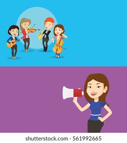 Two media banners with space for text. Vector flat design. Horizontal layout. Band of caucasian musicians playing on musical instruments. Group of young musicians playing on musical instruments.