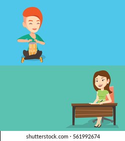 Two media banners with space for text. Vector flat design. Horizontal layout. Musician playing ethnic drum. Young woman with eyes closed playing ethnic drum. Woman playing ethnic music on tom-tom.