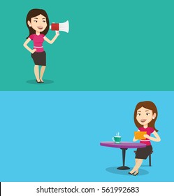 Dos banners multimedia con espacio para el texto. Diseño plano vectorial. Diseño horizontal. Promotora de negocios con megáfono. Mujer de negocios hablando en un megáfono. Publicidad de una mujer con megáfono.