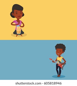 Two media banners with space for text. Vector flat design. Horizontal layout. African-american musician playing electric guitar. Woman practicing in playing guitar. Guitarist playing music on guitar.