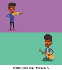 Two media banners with space for text. Vector flat design. Horizontal layout. African musician playing an acoustic guitar. Musician sitting with guitar in hands. Guitarist practicing in playing guitar