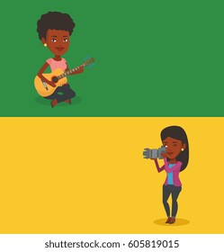 Two media banners with space for text. Vector flat design. Horizontal layout. African-american photographer working with digital camera. Photographer taking a photo Young photographer taking a picture