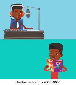 Two media banners with space for text. Vector flat design. Horizontal layout. African-american man reading a magazine. Young man standing with magazine in hands. Man reading good news in a magazine.