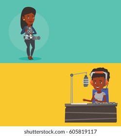 Two media banners with space for text. Vector flat design. Horizontal layout. Dj working on radio station. Radio dj speaking into a microphone. News presenter in headset working on a radio station.