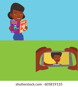Two media banners with space for text. Vector flat design. Horizontal layout. Young african-american woman making selfie. Smiling woman taking selfie using smartphone. Woman playing guitar and singing