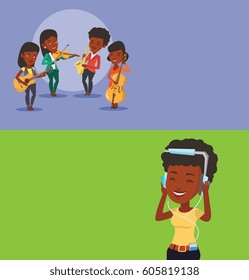 Two media banners with space for text. Vector flat design. Horizontal layout. Woman listening to music on smartphone. Woman in headphones listening to music. Woman with eyes closed enjoying music.