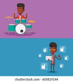 Two media banners with space for text. Vector flat design. Horizontal layout. Young african-american mucisian playing on drums. Smiling man playing on drum kit. Happy man sitting behind the drum kit.