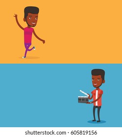 Two media banners with space for text. Vector flat design. Horizontal layout. African-american man working with clapperboard. Young man holding open clapperboard. Man holding blank movie clapperboard.