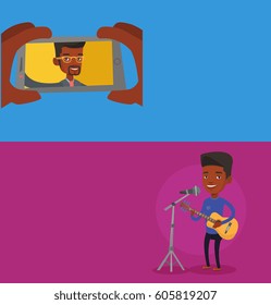 Two media banners with space for text. Vector flat design. Horizontal layout. Guitar player singing song and playing an acoustic guitar. Singer singing into a microphone and playing an acoustic guitar