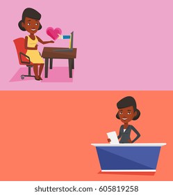 Two media banners with space for text. Vector flat design. Horizontal layout. Young television anchorwoman reporting tv news at studio. African television announcer at studio during live broadcasting.
