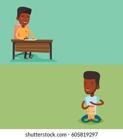 Two media banners with space for text. Vector flat design. Horizontal layout. Young man playing ethnic drum. Mucisian playing ethnic drum. Journalist sitting at the table and writing notes with pencil