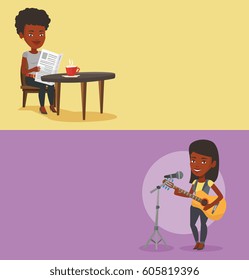 Two media banners with space for text. Vector flat design. Horizontal layout. African-american woman reading the news newspaper in a cafe. Woman sitting with newspaper in hands and drinking coffee.