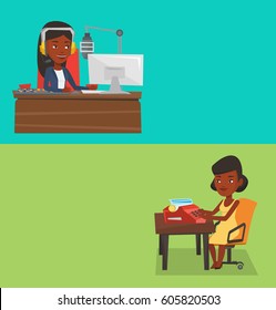 Two media banners with space for text. Vector flat design. Horizontal layout. African young journalist writing an article on a vintage typewriter. Concentrated journalist working on retro typewriter.