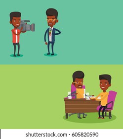 Two media banners with space for text. Vector flat design. Horizontal layout. Two african-american businessmen drinking coffee during business meeting. Two businessmen talking on business meeting.