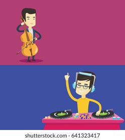 Zwei Medienbanner mit Platz für Text. Vektorflachdesign. Horizontales Layout. Asiatischer DJ in Kopfhörern auf der Party im Nachtclub. Junge DJ-Mixing-Musik auf Turntables. DJ spielt und mischt Musik an Deck.
