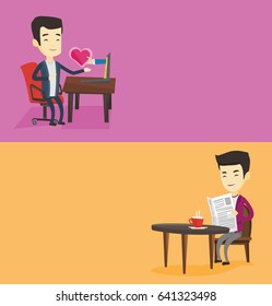 Dos banners multimedia con espacio para el texto. Diseño plano vectorial. Diseño horizontal. Hombre leyendo el periódico en un café. Hombre leyendo las noticias en el periódico. Hombre sentado con un periódico en un café y tomando café