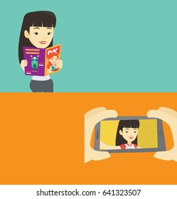 Two media banners with space for text. Vector flat design. Horizontal layout. Asian woman reading a magazine. Young woman standing with magazine in hands. Happy woman reading good news in a magazine.