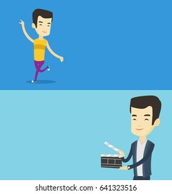 Two media banners with space for text. Vector flat design. Horizontal layout. Asian man working with a clapperboard. Man holding an open clapperboard. Cheerful man holding blank movie clapperboard.