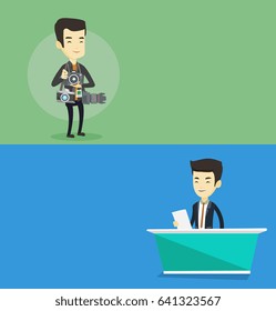 Two media banners with space for text. Vector flat design. Horizontal layout. Television anchorman reporting tv news at studio. Young asian television announcer at studio during live broadcasting.
