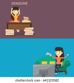 Two media banners with space for text. Vector flat design. Horizontal layout. Happy asian woman with console in hands playing video game at home. Young woman celebrating her victory in video game.