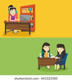 Dos banners multimedia con espacio para el texto. Diseño plano vectorial. Diseño horizontal. Dos empresarias asiáticas bebiendo café durante una reunión de negocios. Dos jóvenes empresarias hablando de una reunión de negocios.