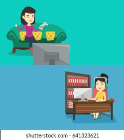 Dos banners multimedia con espacio para el texto. Diseño plano vectorial. Diseño horizontal. Mujer usando computadora para jugar. Jugador en audífonos jugando a juegos de computadora. Mujer empresaria trabajando en computadora.