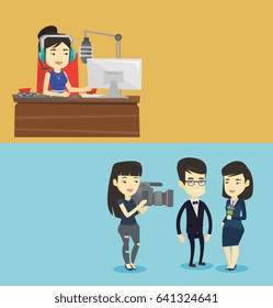Two media banners with space for text. Vector flat design. Horizontal layout. Asian reporter interviews a business man. Ooperator filming interview. Journalist making interview with business man.
