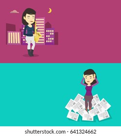 Two media banners with space for text. Vector flat design. Horizontal layout. Woman playing on saxophone. Woman with eyes closed playing on saxophone in night. Musician with saxophone in the street.