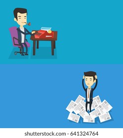 Two media banners with space for text. Vector flat design. Horizontal layout. Asian businessman surrounded by lots of papers. Businessman having a lot of paperwork. Man standing in the heap of papers.