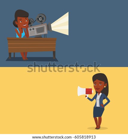 Two media banners with space for text. Vector flat design. Horizontal layout. Business woman promoter holding megaphone. Business woman speaking into a megaphone. Woman advertising using megaphone.