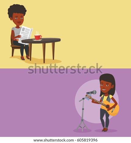 Two media banners with space for text. Vector flat design. Horizontal layout. African-american woman reading the news newspaper in a cafe. Woman sitting with newspaper in hands and drinking coffee.