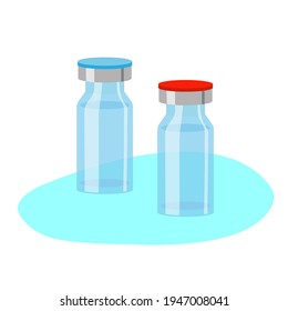 Two medical ampoules with medicine. Clear glass vaccine bottles. Red and blue covers. Coronovirus vaccine. Sketch Vector illustration in flat style. Vaccination for COVID-19 treatment.