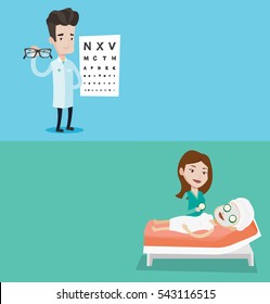 Two medical banners with space for text. Vector flat design. Horizontal layout. Male ophthalmologist offering eyeglasses. Caucasian ophthalmologist holding eyeglasses on the background of eye chart.