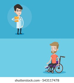 Two medical banners with space for text. Vector flat design. Horizontal layout. Doctor with stethoscope and a file. Young doctor in medical gown carrying folder of patient or medical information.