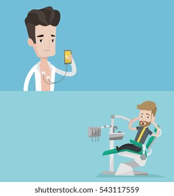 Two medical banners with space for text. Vector flat design. Horizontal layout. Man checking his blood pressure with smartphone application. Man measuring heart rate pulse with smartphone application.