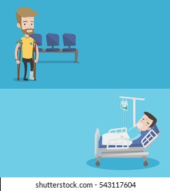 Two medical banners with space for text. Vector flat design. Horizontal layout. Injured hipster caucasian man with leg in plaster. Man with broken leg using crutches. Young man with fractured leg.