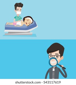 Two medical banners with space for text. Vector flat design. Horizontal layout. Woman getting acupuncture treatment in spa center. Acupuncturist doctor performing acupuncture therapy on back of woman.