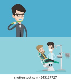 Two medical banners with space for text. Vector flat design. Horizontal layout. Young hipster man sitting in dental chair. Dentist and patient in dental clinic. Patient on reception at the dentist.