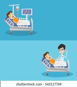 Dos carteles médicos con espacio para el texto. Diseño plano vectorial. Diseño horizontal. Médico con el dedo visitando a un paciente acostado en la cama del hospital. Paciente en cama de hospital con control de frecuencia cardíaca.